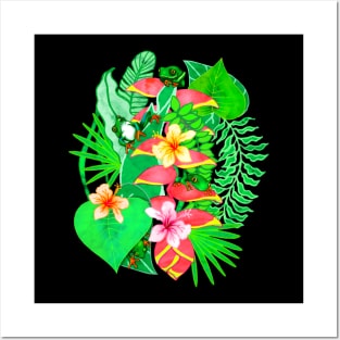 Happy Tree Frogs in Vibrant Jungle Botanicals Posters and Art